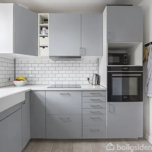 Gråt køkken med skabe i moderne stil, keramisk komfur og indbygget ovn. Hvidt flisebelagt bagvæg. Frugtskål og elkedel på bordpladen. Opvask ved siden af et stort vindue.