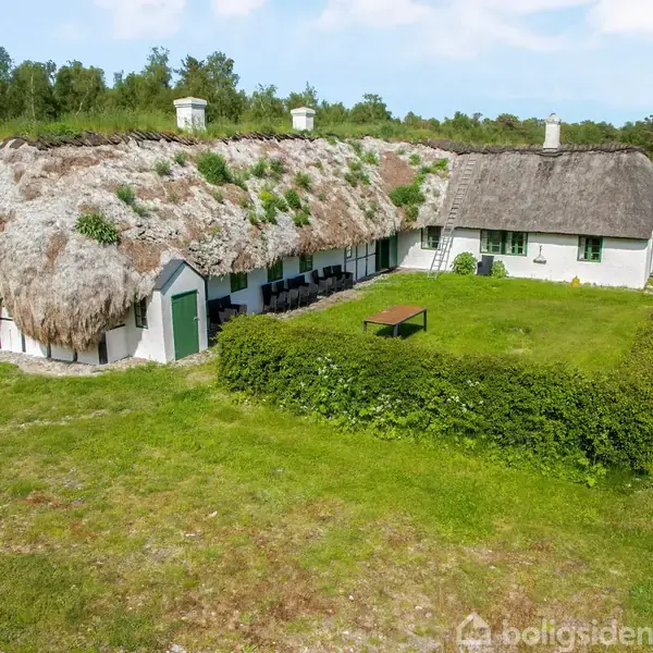 En traditionel gård med stråtag og grønne døre står stille omgivet af en frodig have og græsplæne. Omkringliggende marker og træer skaber en naturskøn, landlig atmosfære.
