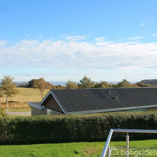 En moderne bygning med sort tag står stille i et grønt, åbent område med marker og træer i baggrunden under en blå himmel med lette skyer.
