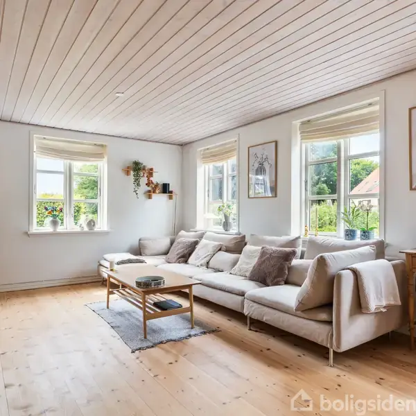 En stor lys stue har en beige hjørnesofa med mange puder. Et træbord står foran sofaen. Væggene er dekoreret med billeder, og store vinduer lukker lyset ind.