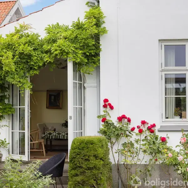 Hvidt hus med åbne franske døre overdækket af grønne planter. Blomsterbed med røde og lyserøde roser foran. Terrassemøbler ved dørene under blå himmel, hyggelig haveatmosfære.