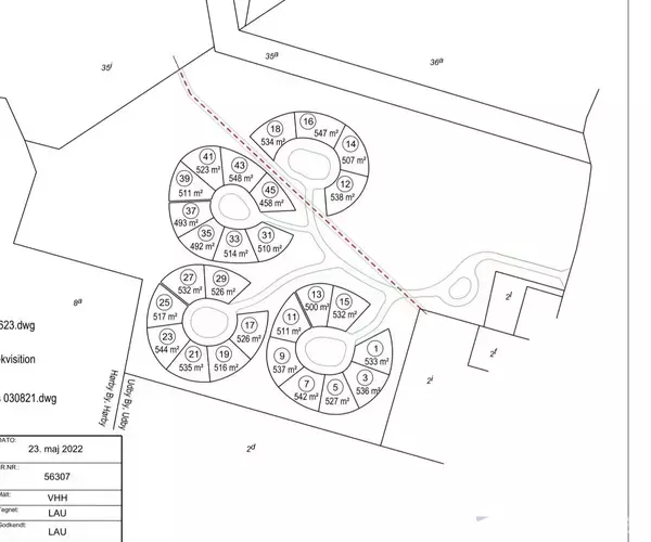 Kortskitse over en byggegrund viser cirkulære boligområder med nummererede parceller; størrelser står i kvadratmeter. Dato 23. maj 2022, projektnummer 56307, ansvarlige personer VHH og LAU.