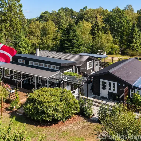 Sort hus omgivet af træer med dansk flag vajende i forgrunden. Huset har solpaneler på taget og en stor terrasse. Grønt landskab omkranser ejendommen.