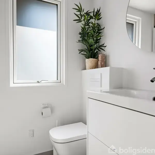 Toilet står stille i et lyst badeværelse. Ved siden af er en hvid vask med spejl ovenover og en plante til pynt. Vinduet lader naturligt lys ind.