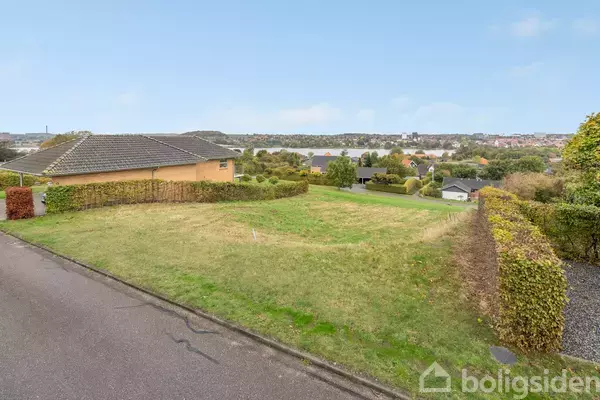 Græsplæne ligger stille ved siden af en asfaltvej. I baggrunden ses grønne træer og et byområde under en klar, blå himmel.