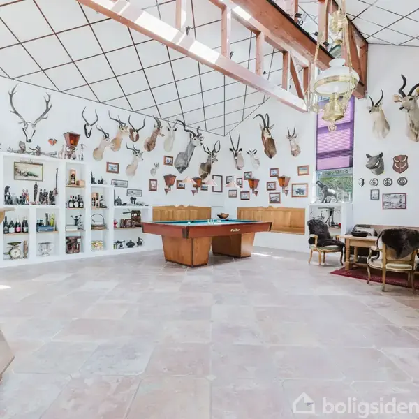 Billardbord står centralt i et rum med trofæer af dyrehoveder og opsatser på væggene. Hylderne er fyldt med flasker, mens stole og borde danner siddeområder.