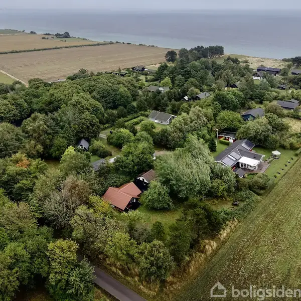 En luftfoto viser en landsby med huse omgivet af grønne træer og marker. Foran er en vej og bagved ses havet i horisonten.