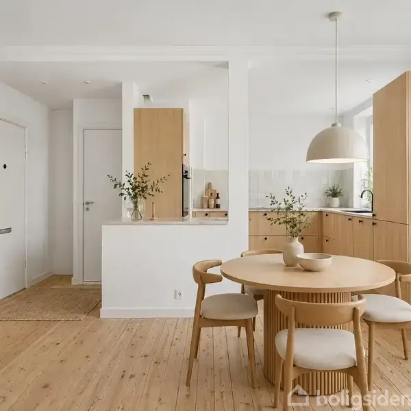 Rundt spisebord med fire stole står i et lyst køkkenalrum. Køkkenelementer i træ med indbygget ovn og planter i krukker. Tekst: "Illustration".