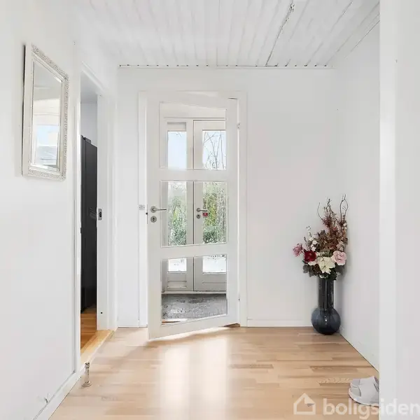 En lys gang med trægulv og hvidmalede vægge. En åben glasdør fører til en terrasse udenfor, og en vase med blomster står i hjørnet. En vægspejl hænger til venstre.