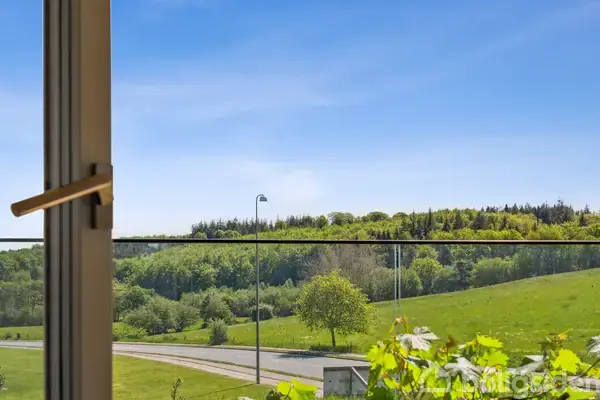 En åbnet vindue afslører en udsigt over en frodig, grønt landskab med bakker og træer under en klar blå himmel. En vej og lygtepæl ses i forgrunden.