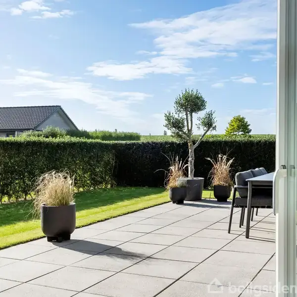 Terrasse med fliser og blomsterkrukker med græsser. En stol står ved siden af en busket hæk. Himlen er blå med lette skyer.