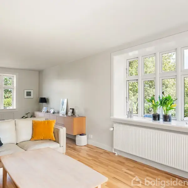 Grøn græsplæne med en liggestol står under et stort træ i en have. I baggrunden ses et hus med en terrasse og buske.