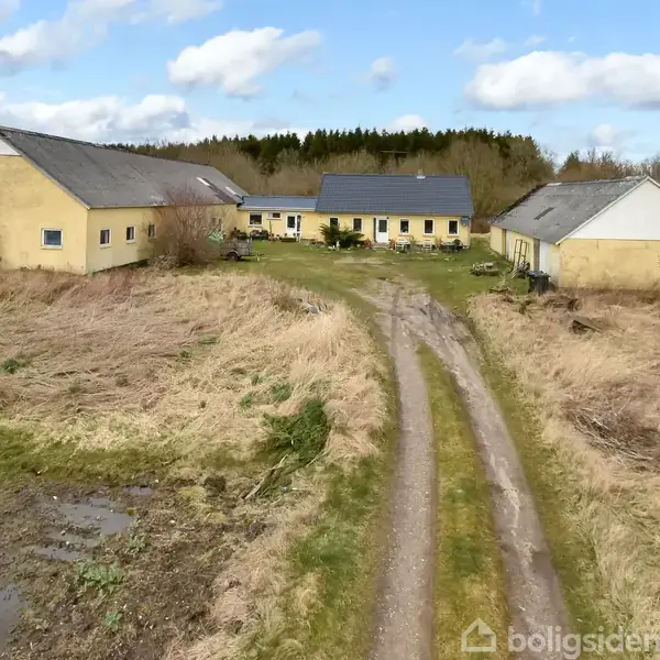 Gulmalede gårdbygninger omgiver en gårdsplads. En grusvej fører op til gården gennem et landskab med tørt græs. I baggrunden ses en skov under en skyet himmel.