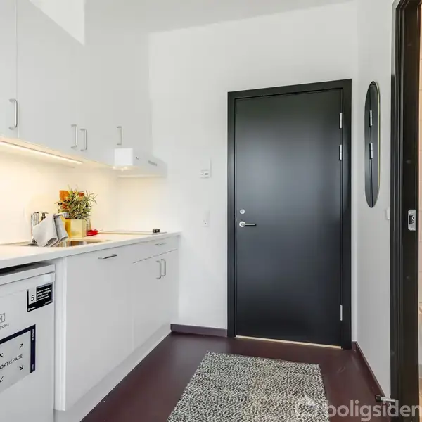 Et lille køkken med hvide skabe og en opvaskemaskine til venstre. En sort dør fører til et tilstødende badeværelse til højre. Mørkt trægulv med et tæppe.