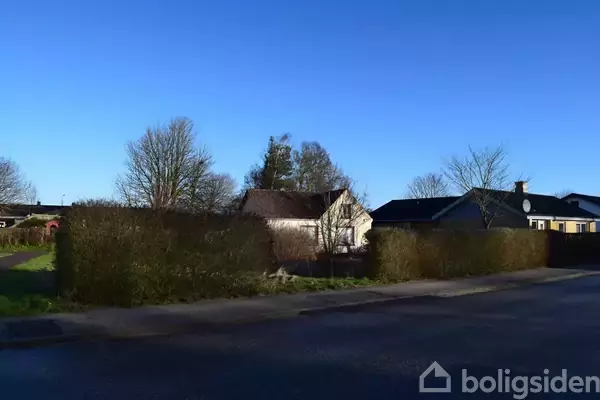 Hus står bag en tæt, høj hæk; solbelyst, omgivet af vintertræer uden blade, i et stille villakvarter med blå himmel.