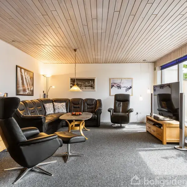 Stue med sorte lænestole og sofa, hvor et TV står på et skab. Billeder hænger på væggene. Store vinduer giver udsigt til en grøn have.
