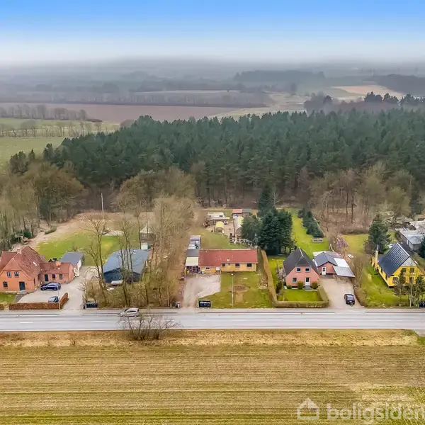 Flere huse står tæt ved en vej, omgivet af skov og marker med en skyline af træer og åbne marker i baggrunden.