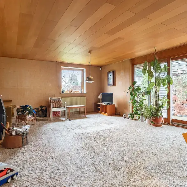 Stue med brændeovn i hjørnet, tæppe på gulvet, store planter ved glasdør til terrasse. Legetøjsbiler på gulvet, skab, og små borde. Vindue med udsigt til have.