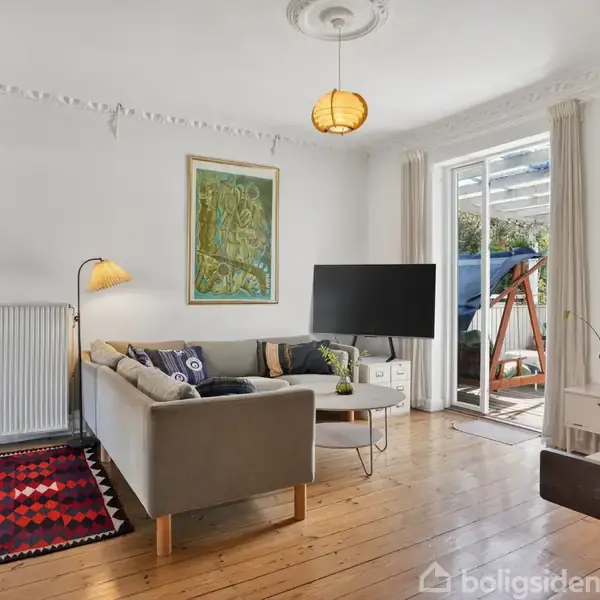 Stue med grå sofa ved siden af et bord, en lampe og et fjernsyn. I baggrunden ses en glasdør til en terrasse med grønne planter. En farverig tæppe ligger på gulvet.