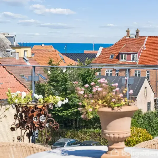 Blomster i krukker står stille på en altan, med udsigt over byens orange tage og træer. I baggrunden ses havet under en klar, blå himmel.