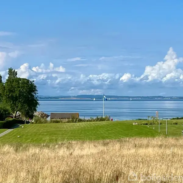 Græsplæne med flagstang står stille, omgivet af huse og træer. I baggrunden ses vandet og skibe mod en blå himmel med skyer.