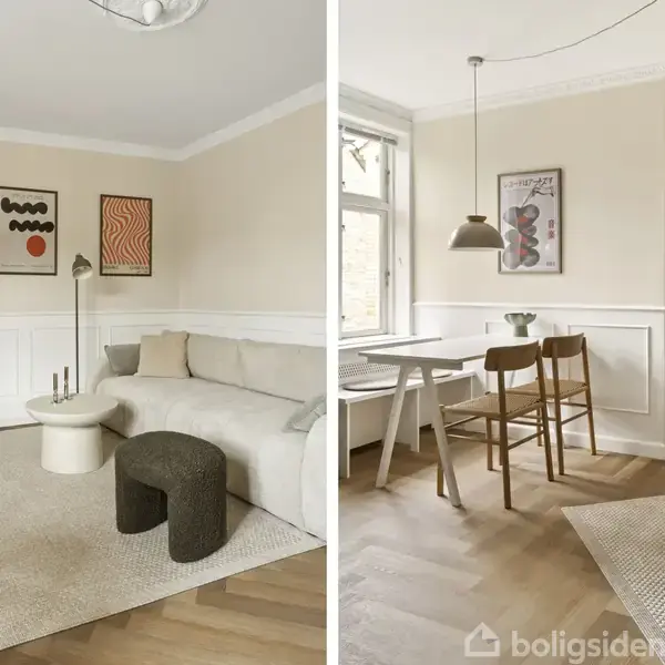 Stue med lyse vægge og træparketgulv. Venstre: Hjørnesofa og puffer på tæppe, kunst på væggen. Højre: Spisebord med stole, lampe hænger over bord. Lysindfald fra vindue.