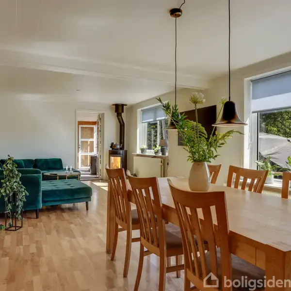 Bord med træstole står i en lys stue, dekoreret med planter. En grøn sofa kan ses i baggrunden. Store vinduer med persienner giver udsigt til en have.