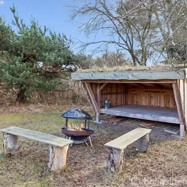 Shelter i træ står ubenyttet i skovklædt område. Bålplads foran, omgivet af to simple bænke lavet af træstammer. Træer og græs omkranser området i baggrunden.