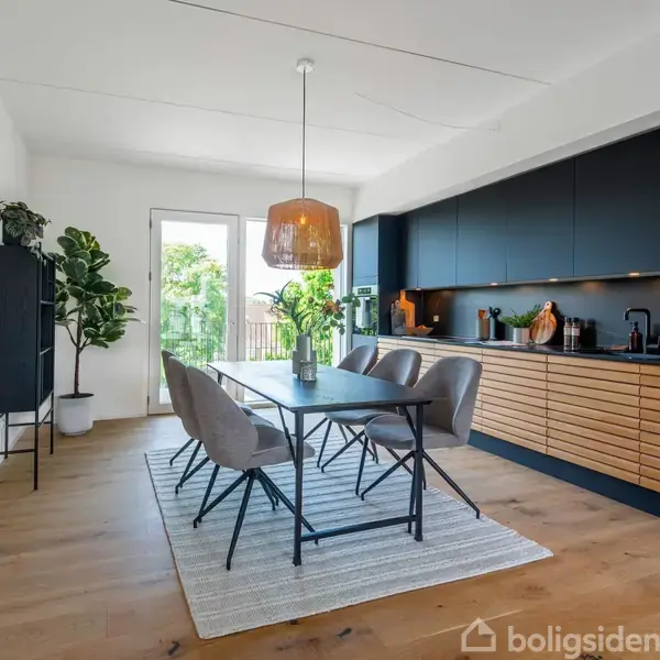 Spisebord med fire stole står på et tæppe. Ved siden af er køkkenskabe med træ- og sorte fronter. En plante og en lampe hænger over bordet. Der er en dør til en terrasse.