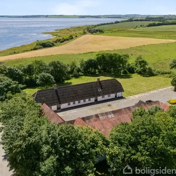 En hvid gårdbygning med stråtag står omgivet af træer og åbne marker ved en vandkant. En grusvej fører til gården fra venstre side af billedet.
