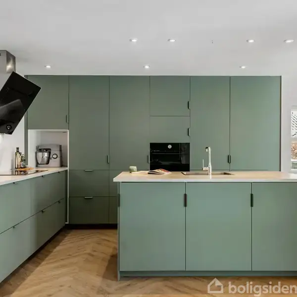 Indbygget køkkenskabe i grøn står langs væggen med en køkkenø foran. En vask er placeret på øen. I baggrunden træder dagslys ind gennem store vinduer.
