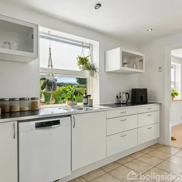 Køkken med hvide skabe og skuffer, en vask under et vindue med planter, og en åben dør fører til et lyst rum med hængende planter.