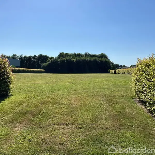 En græsplæne strækker sig mellem to hække, der leder ind mod et fjernt skovområde under en klar blå himmel. Ingen tekst er synlig.