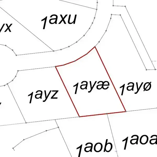 Kortudsnit viser matrikelnumre med en plot markeret i rødt. Hovednummeret indenfor plottet er "1ayæ". Omgivende numre inkluderer "1ayz" og "1ayø".
