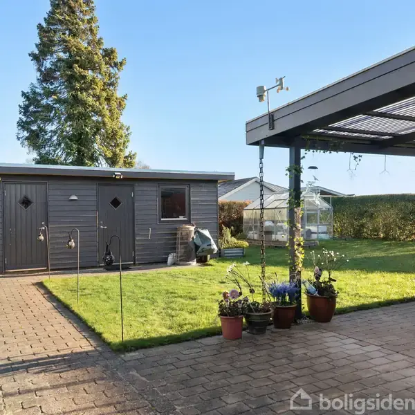 Have med redskabsskur står ved siden af en terrasse med pergola. Flere potteplanter pryder området, og en høj træhæk omkranser haven. En stor grantræ ses i baggrunden.