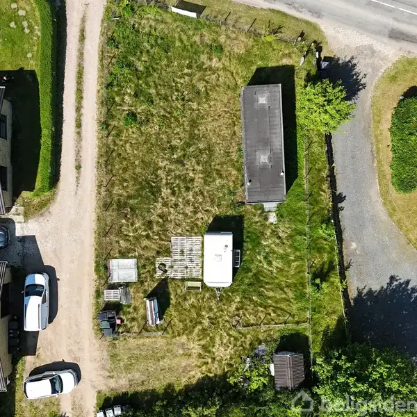 Beboelseselement står stille på en græsplæne omgivet af huse, en vej og en grussti. Flere parkerede biler er synlige nær husene. Græsset er sparsomt, og terrænet fladt.