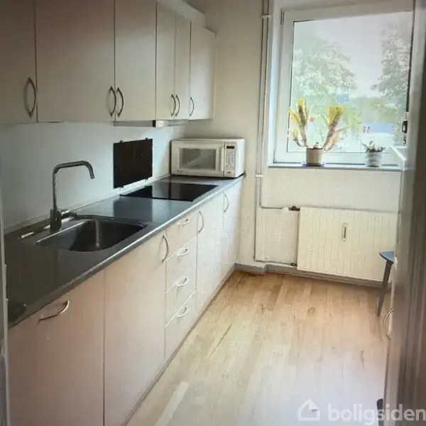 Et lyst køkken med hvide skabe og en sort bordplade. En vask og en mikroovn på bordet. Vindue med planter i baggrunden, trægulv under.