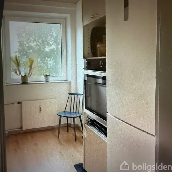En stol står ved siden af et køleskab og en indbygget ovn. To planter er placeret i vindueskarmen ved siden af, og en radiator er under vinduet.