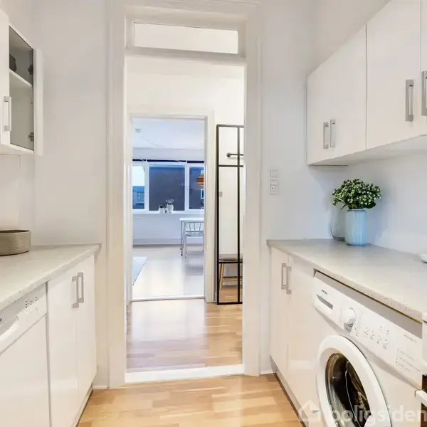 Et lyst køkken med hvide skabe og apparater. En vaskemaskine står til højre, sammen med en plante på bordpladen. En døråbning fører til et stueområde med trægulv.