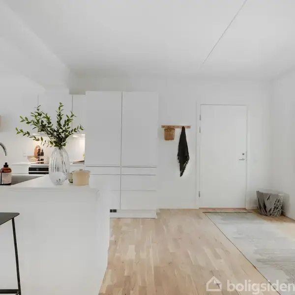 Køkken og entré med træparketgulv, hvidt interiør og stænk af grønt fra planter i en vase. Indgang med tæppe og jakke hængende på en knage ved siden af døren.