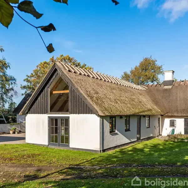 Stråtækt hus står roligt i sollys, omgivet af grønne træer og græs. Den hvidpudsede facade og store vinduer skaber et charmerende, landligt miljø i en fredelig have.