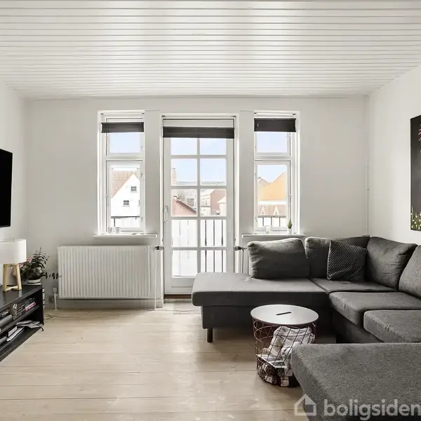 En grå hjørnesofa står i en lys stue med maleri af farverige fugle på væggen. Et tv hænger på væggen over en lille reol. Store vinduer giver naturligt lys.