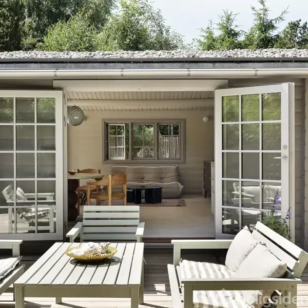 Hus med åbne døre viser hyggelig stue med sofa og spisebord. Havemøbler står på terrassen, omgivet af grønne træer og blomster.