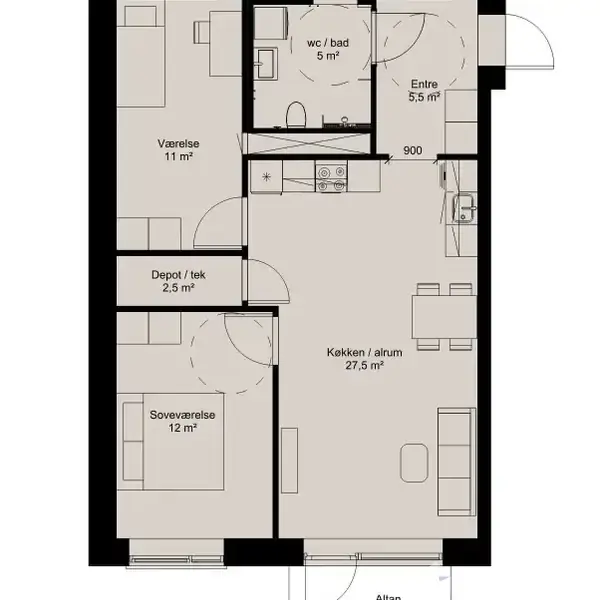 Plantegning viser en lejlighed med et køkken/alrum på 27,5 m², soveværelse på 12 m², værelse på 11 m², og et depot/tek på 2,5 m².
