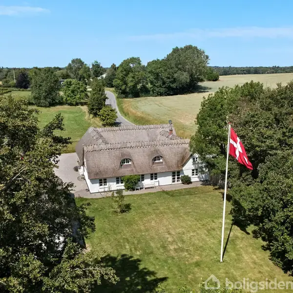 Et bindingsværkshus med stråtag, omgivet af en stor grøn have, hvor et dansk flag vajer på en flagstang. Landskab med marker og træer strækker sig i baggrunden.