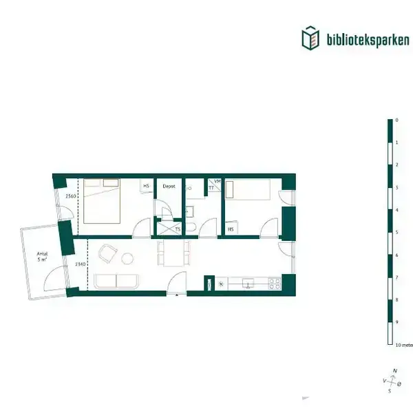 Plantegning viser en lejlighed med entre, stue, køkken, to soveværelser, depot og badeværelse. Stuen er forbundet til køkkenet. Der er en skala i højre side og teksten “Anslag 5 m²”.