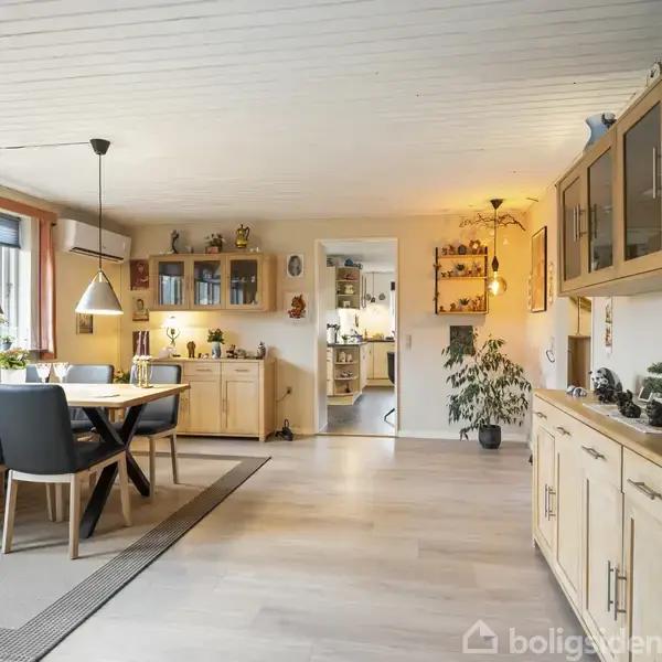 Spisebord med sorte stole står på tæppe i spisestue. Skabe og reoler langs væggene. Lamper hænger over bordet. Åben dør fører ind til køkken med planter og pynt.