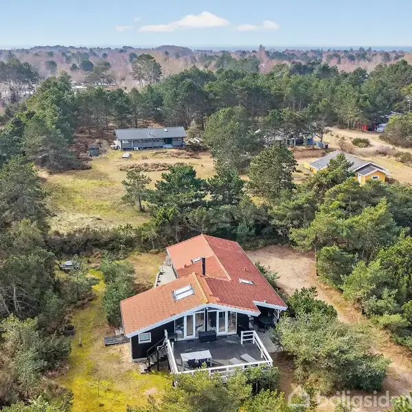 Et rødt-tagget hus er omgivet af skovbevoksning med flere mindre boliger i nærheden. Huset har en terrasse og ligger i et åbent, grønt område med træer og buske rundt omkring.