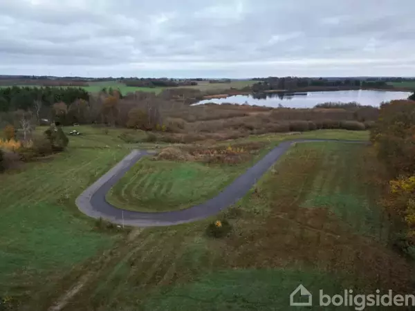 En buet asfaltvej snor sig gennem en grøn mark, omgivet af træer og buske. I baggrunden ses en sø under en overskyet himmel.