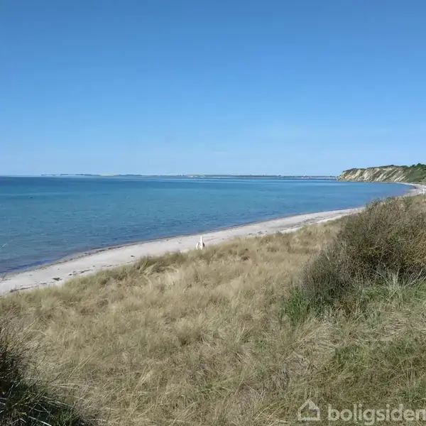 Kystlinje bestående af en sandstrand med klitter i forgrunden strækker sig langs det rolige, blå hav. I baggrunden er der grønne bakker under en klar blå himmel.